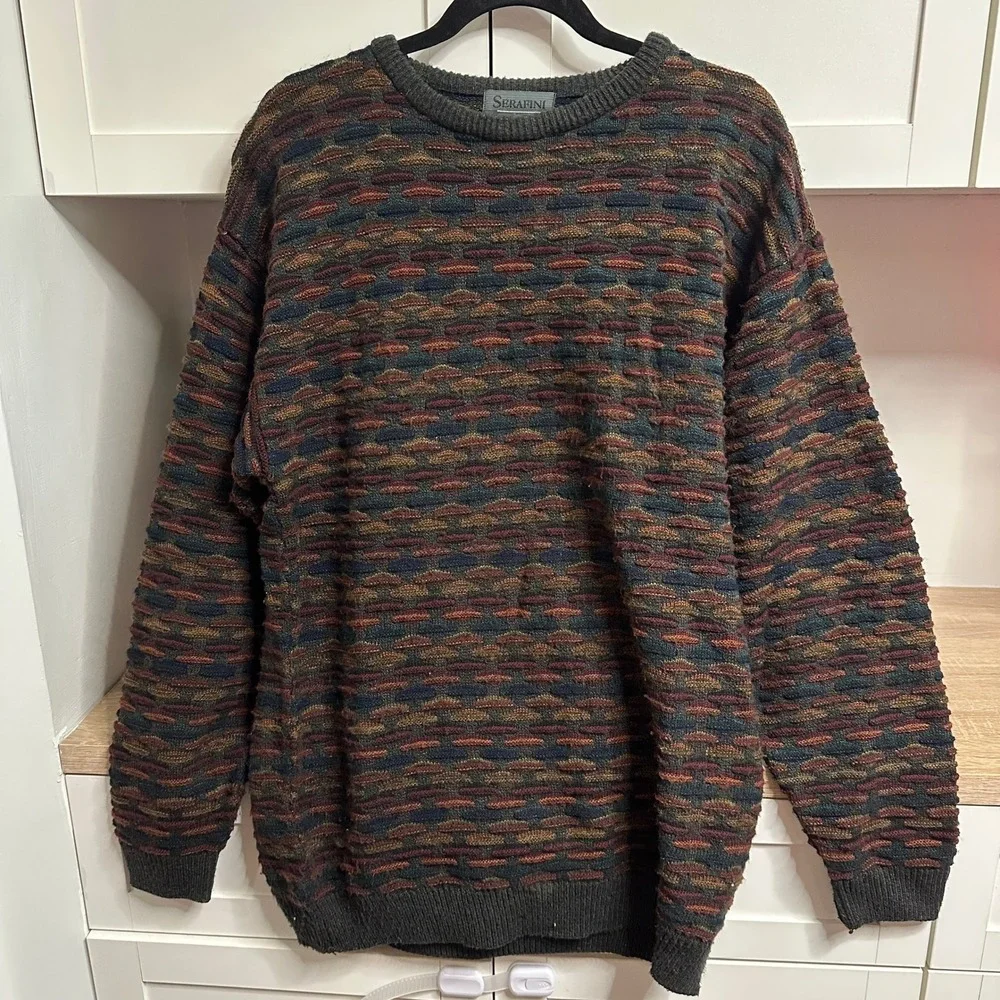 Vintage Serafini Coogi Syle 3D Textured Knit Hip Hop Abstract Sweater‎ Grandpa M